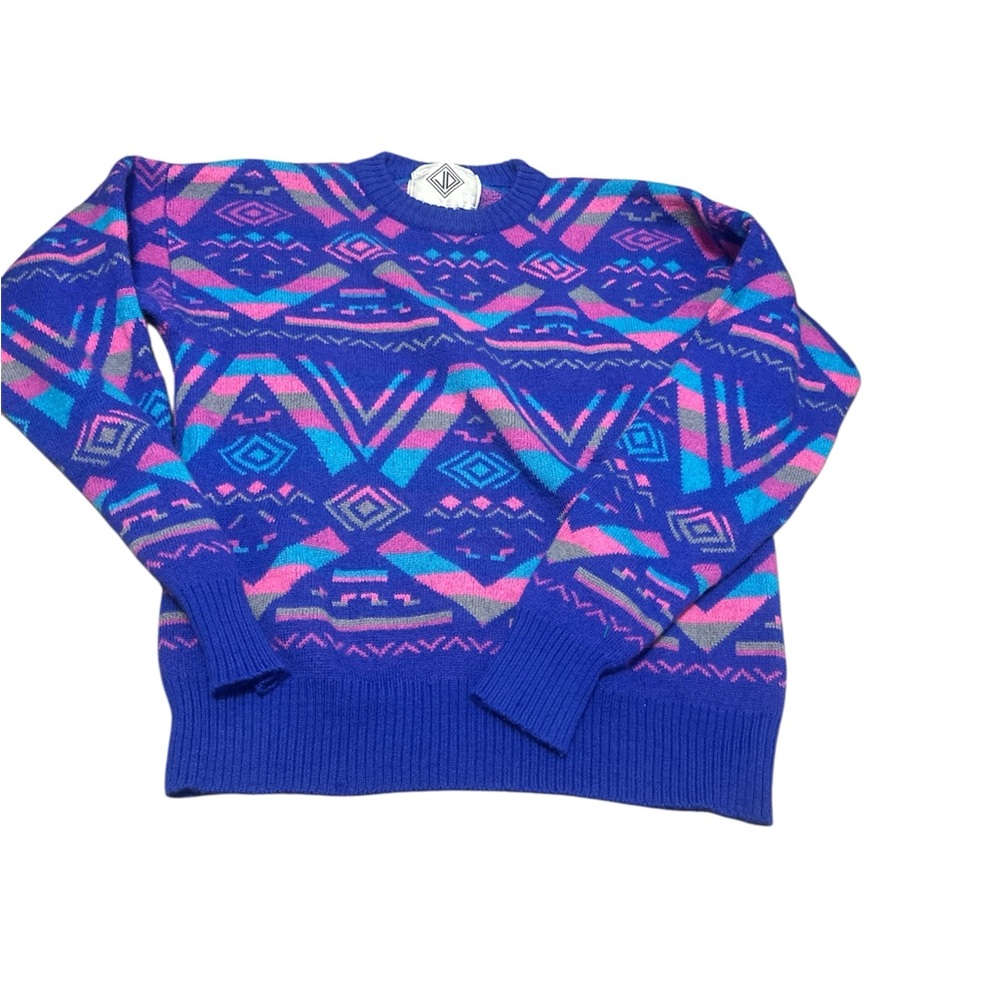 Sun Valley Rare Vintage 80s Wool Sweater Blue Pink Geometric Aztec – Unisex M